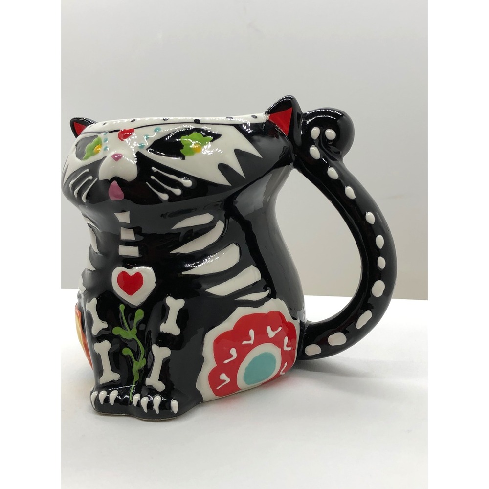 Spectrum Designz 2019 Day of the Dead Cat Mug Sugar Skull Skeleton Black Ceramic - Picture 7 of 9